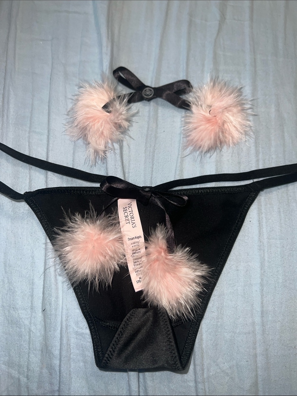 Victoria's Secret Black Satin Thong with Pink Feather Pom Accents